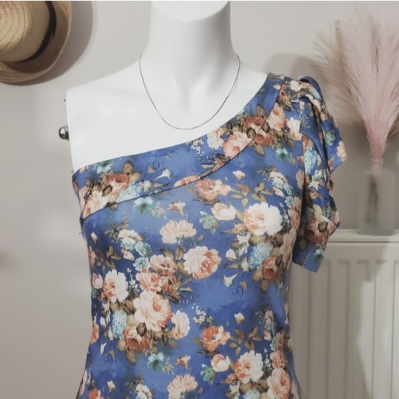 Vintage Y2K Retro Off Shoulder Puff Sleeve Floral Dress- S - Picture 4 of 12